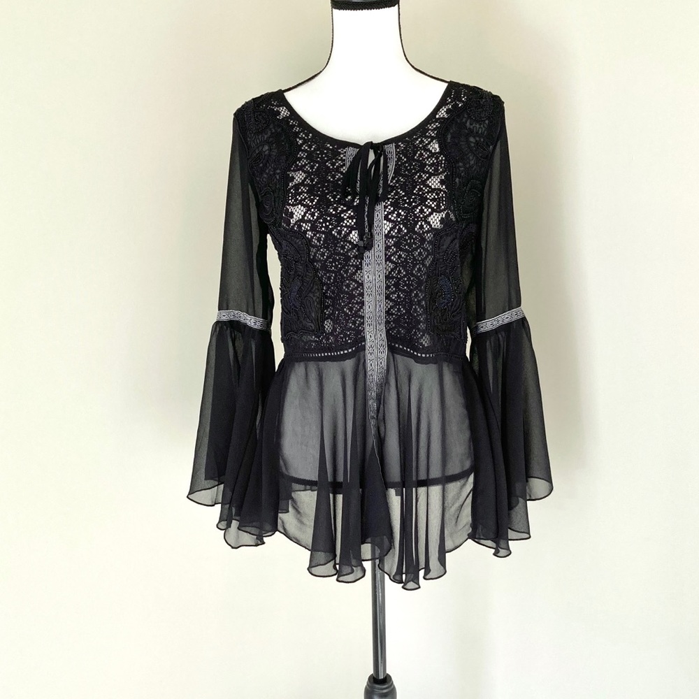 Free People Black Semi Sheer Boho Blouse size S